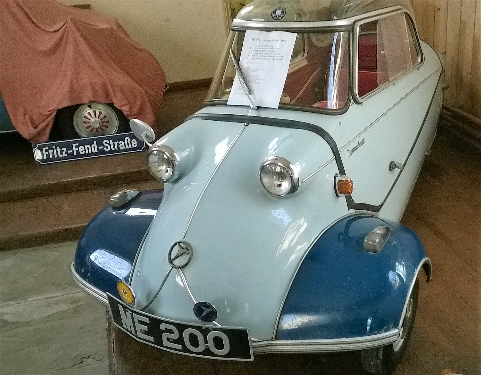 The ME 200, a 1958 Messerschmitt KR200, returned to Fend House